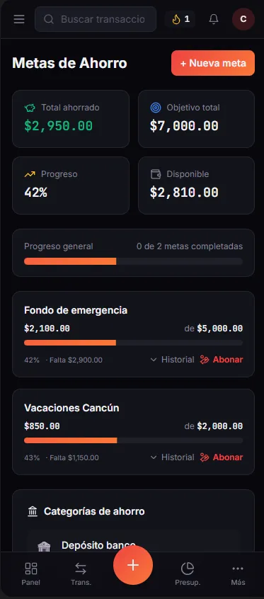 Metas de ahorro con progreso visual